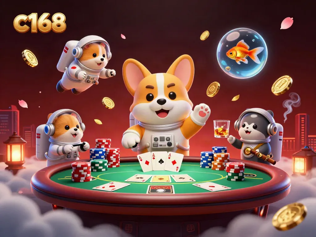 C168-themed 3D casino scene featuring a corgi astronaut, dynamic poker table, and colorful chips.
