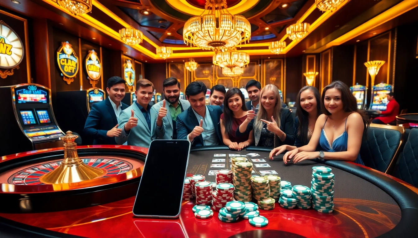 Players celebrating a win at the S8 casino, with vibrant slot machines and roulette prominently displayed.