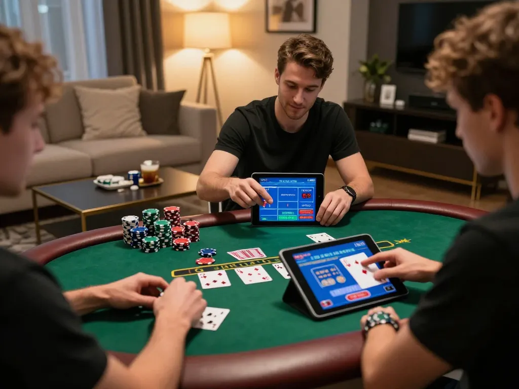 Player enjoying fly88 blackjack on a tablet in a stylish living room, emphasizing strategic gaming.