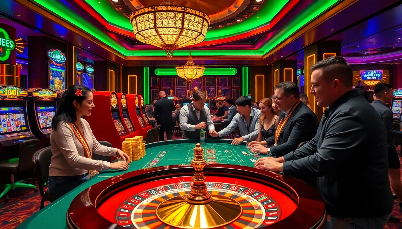 Exciting casino scene showcasing LUCKYWIN players engaged in roulette and blackjack.