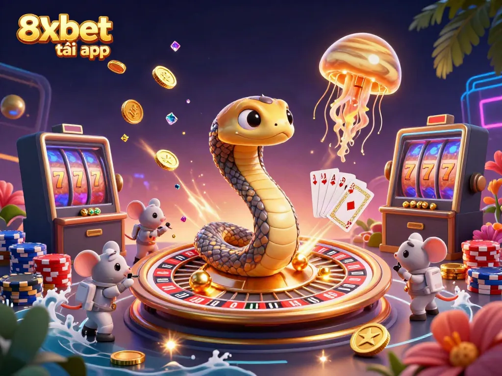 Engage in thrilling bets on 8xbet tải app with vibrant cosmic 3D gaming illustration.
