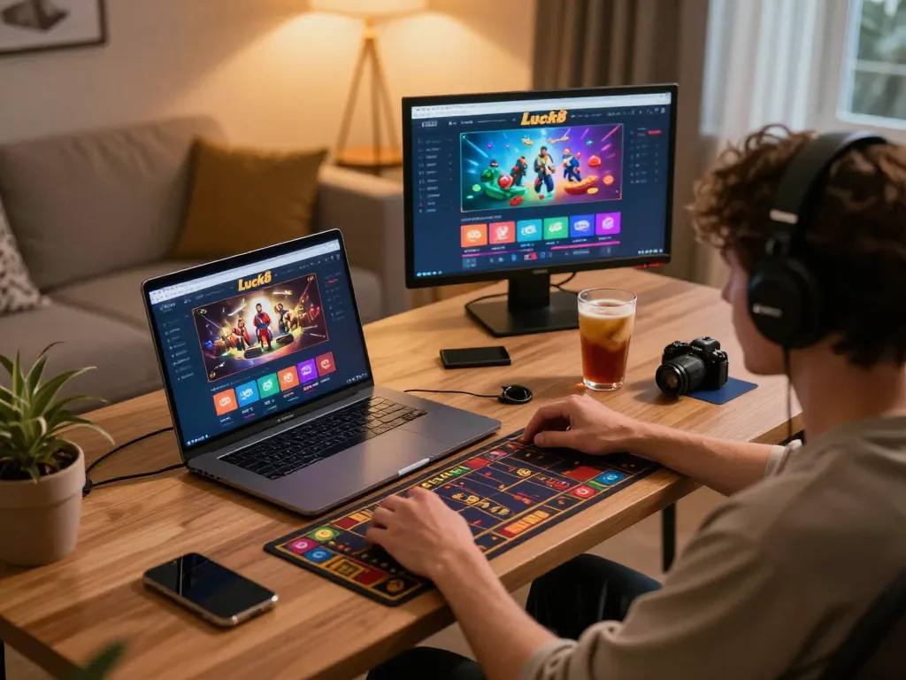 Enjoying a thrilling online casino experience with Luck8 on a sleek laptop during a cozy evening.