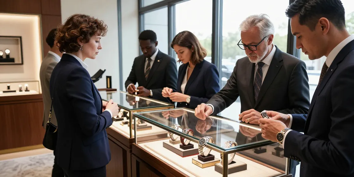 People exploring super clone watches in a luxury boutique, showcasing craftsmanship and elegance.
