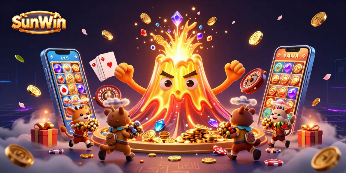 Experience the excitement of SunWin with a digital treasure scene featuring a triumphant volcano and treasure-seeking animals amidst casino elements.