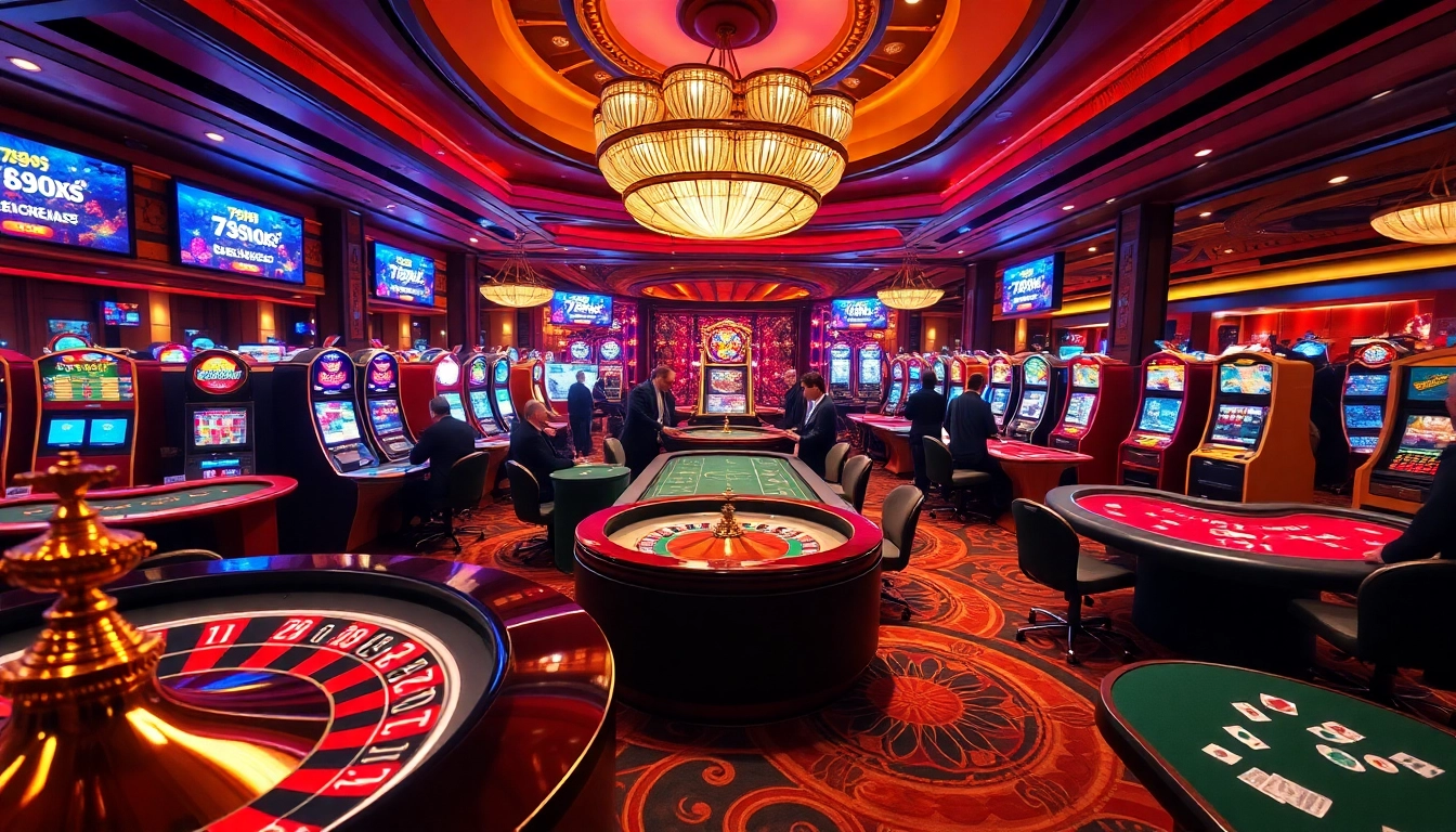 Experience the excitement of 789f com gaming with luxury casino ambiance featuring roulette and poker tables.