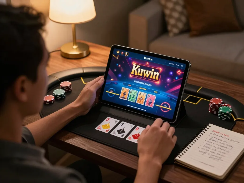 Kuwin player engaging with live casino game on tablet in a cozy home setting.