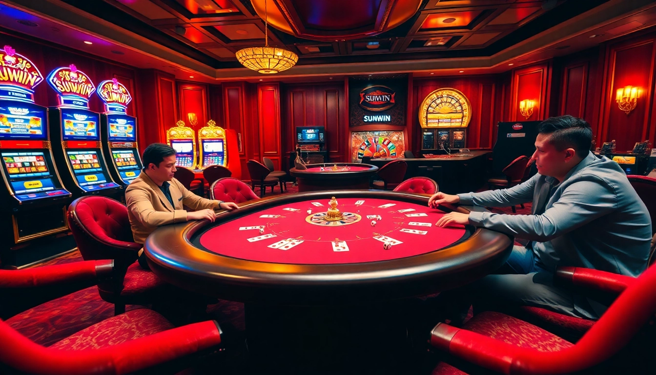 SUNWIN poker players strategize at a glamorous gaming table amidst vibrant casino lights.