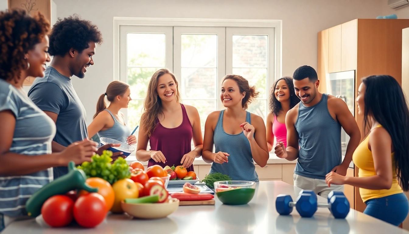 Participants actively enjoying weight loss activities in a lively kitchen.