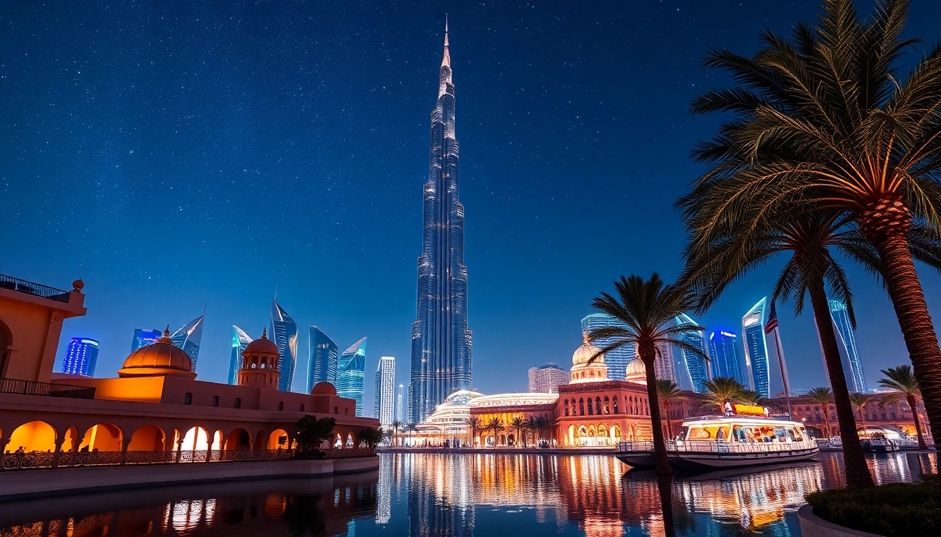 Capture the essence of travel to Dubai with a stunning view of illuminated tall buildings against a starry night sky.