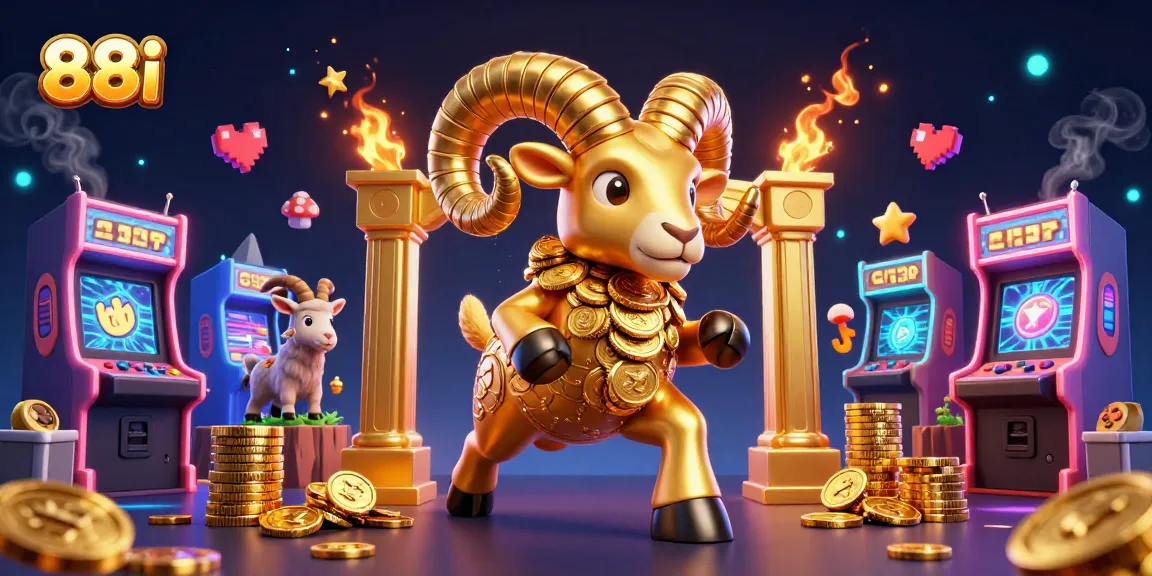 Experience thrilling gameplay with the golden ram at 88i, surrounded by casino elements and arcade excitement.
