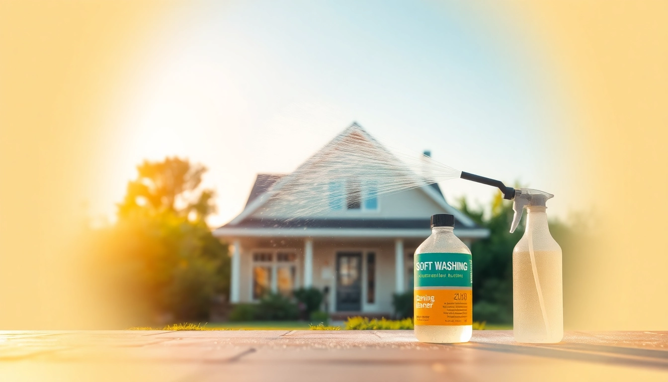 Cleaner performing soft washing technique to restore exterior surfaces.