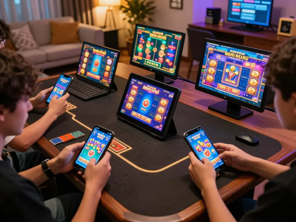 Engaging gameplay in Game Nổ Hũ Uy Tín with players using modern devices in a cozy setting