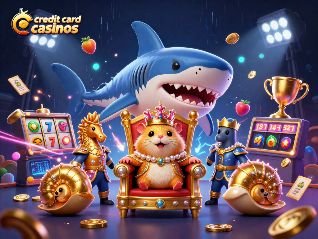 Experience thrilling action at credit card casinos with a golden hamster king surrounded by vibrant slot elements.