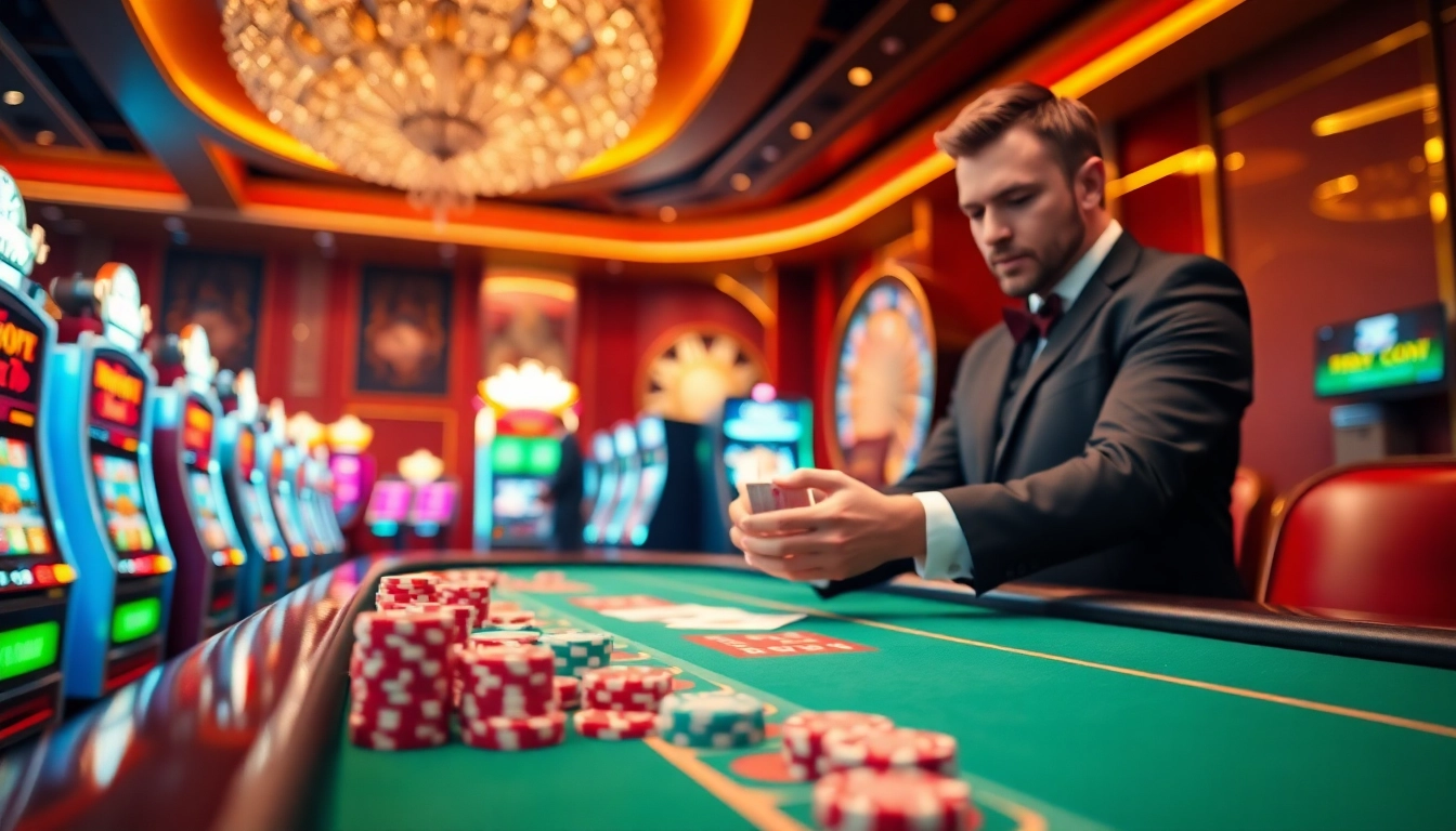Players enjoying a thrilling game at #98win casino, featuring vibrant slot machines and poker tables.