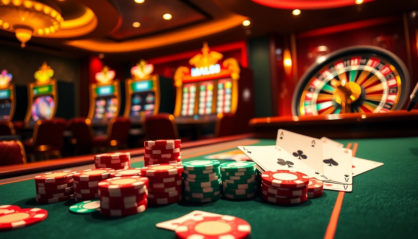 Interactive MM88 casino experience featuring poker, slot machines, and vibrant betting elements.