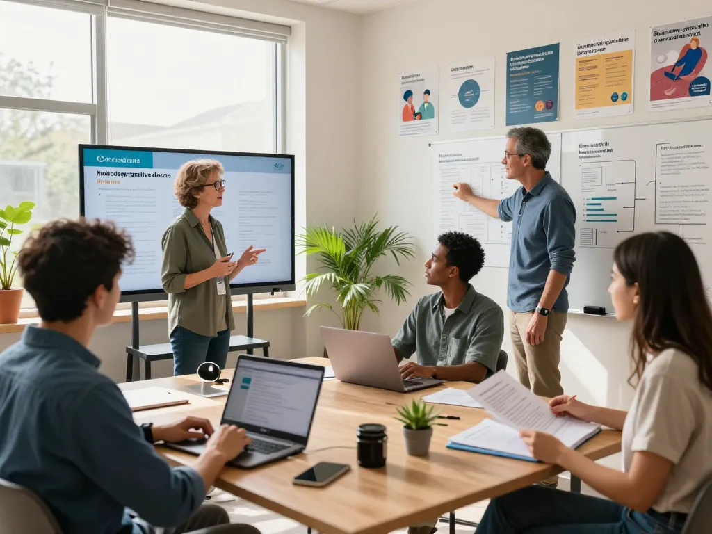 Collaborative meeting on neurodegenerative diseases at https://nddo.org with diverse participants discussing research data.