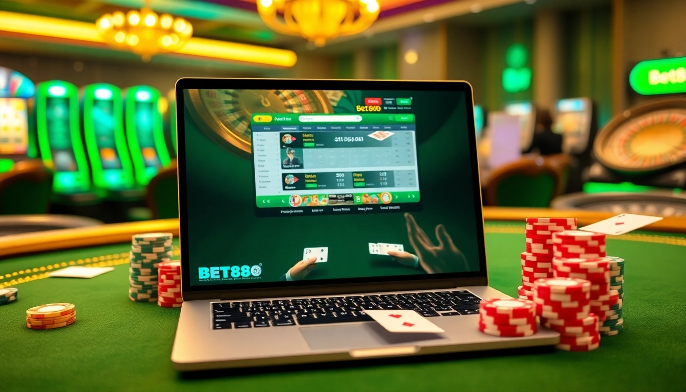 Bet88 online gaming experience featuring a luxurious casino table setup with poker chips and betting slips.