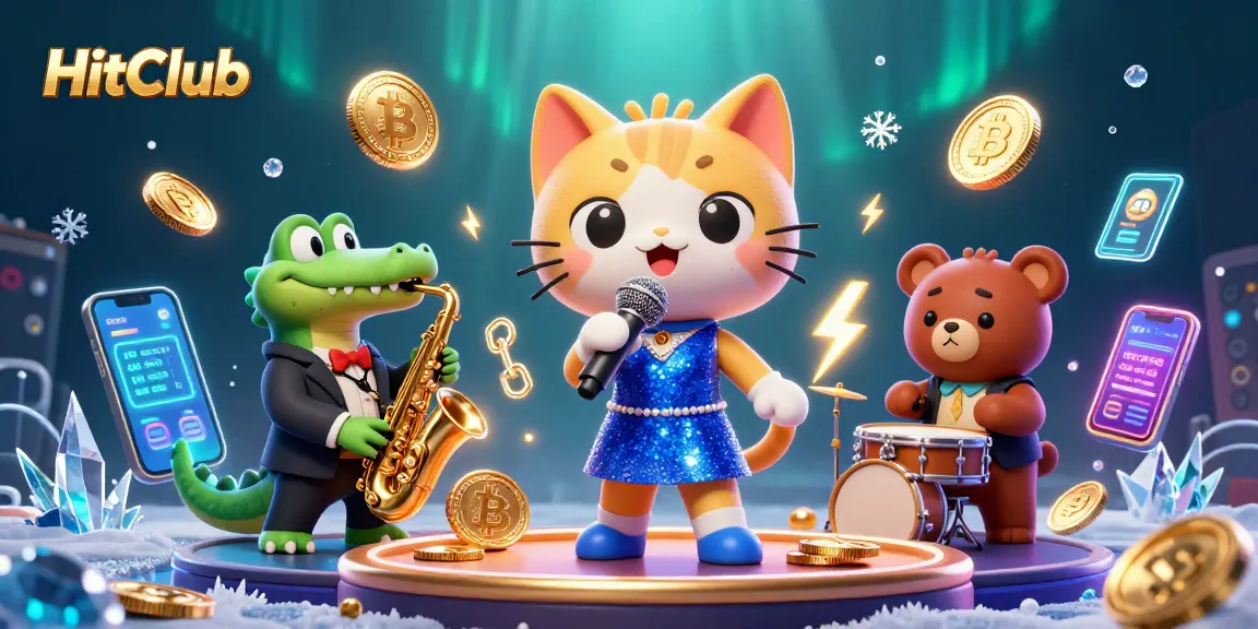 Engage with exciting HitClub slots in this vibrant casino scene featuring cartoon characters and crypto elements.
