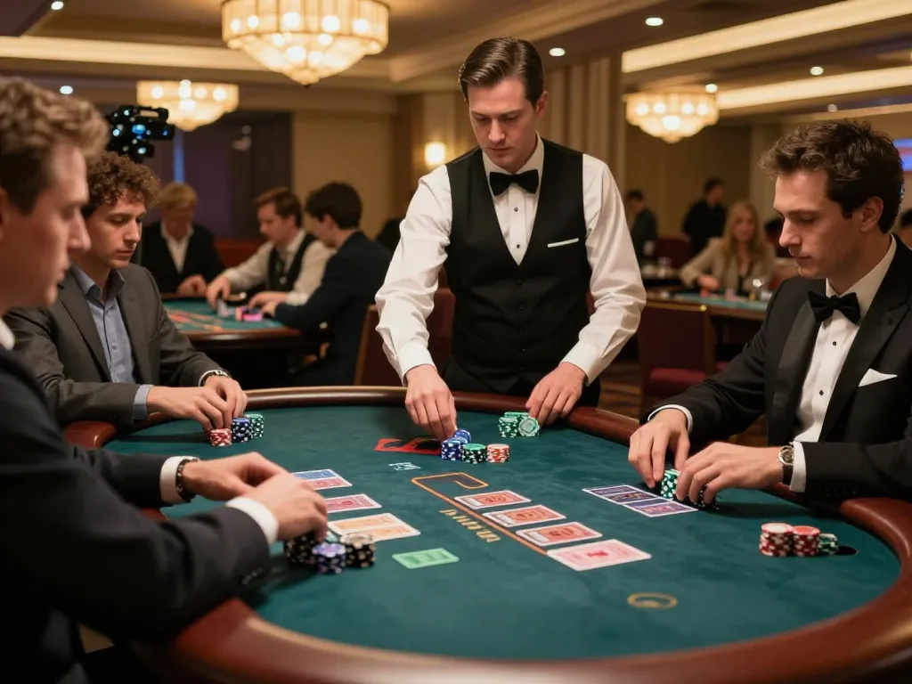 KJC players strategizing over a blackjack table in an upscale casino.