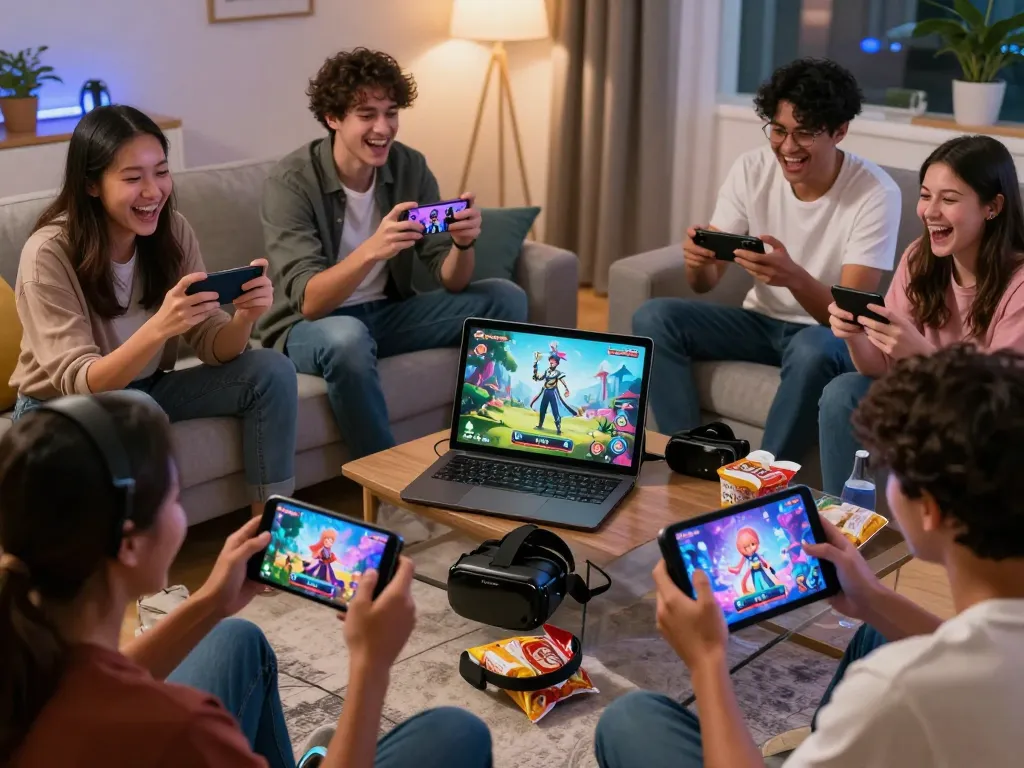 Players enjoying free porn games in a cozy living room, showcasing diverse characters and interactive gameplay.