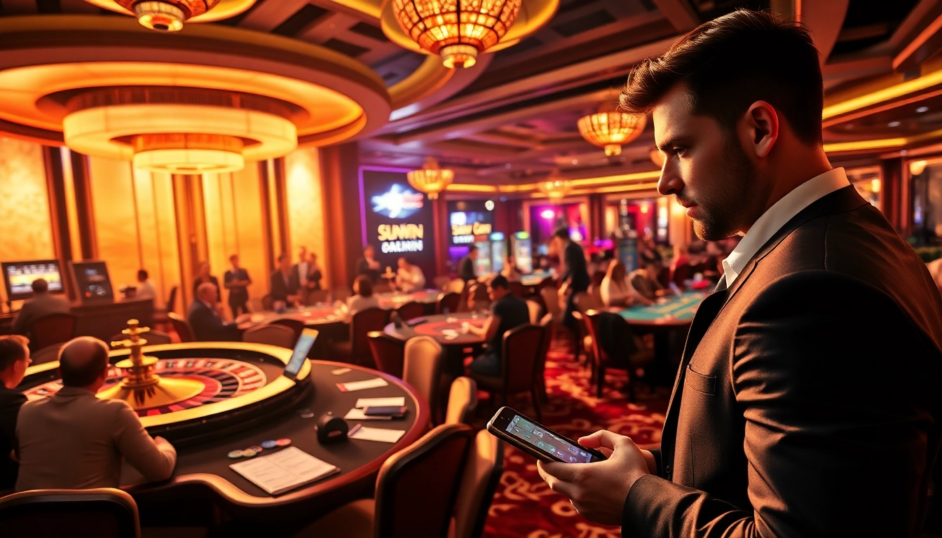 Experience the thrill of winning at a Sunwin-themed casino with vibrant gaming tables and luxurious atmosphere.