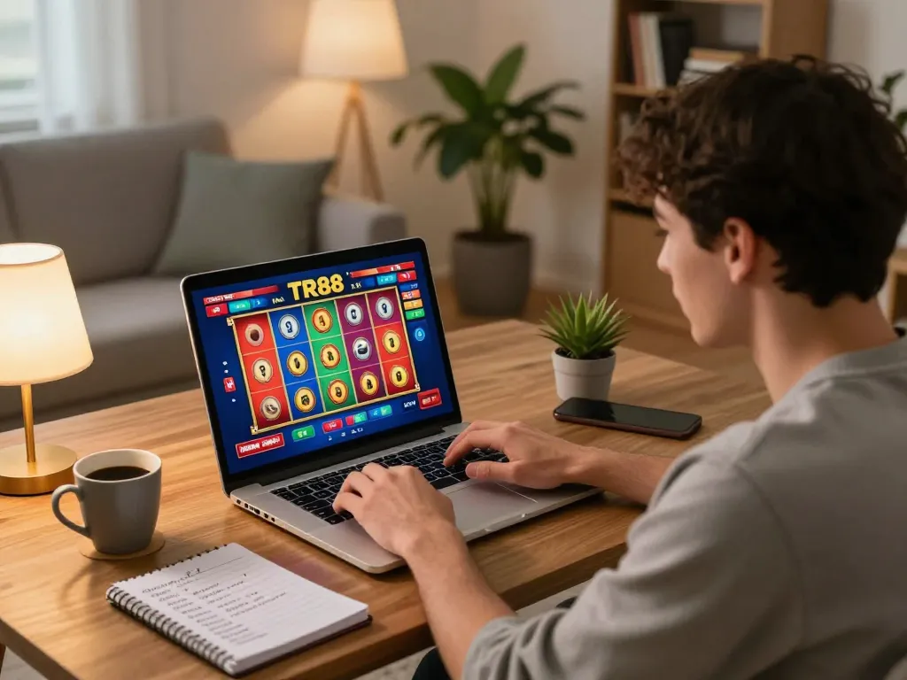 Player enjoying TR88 online casino gaming on a laptop, surrounded by strategic notes and cozy decor.