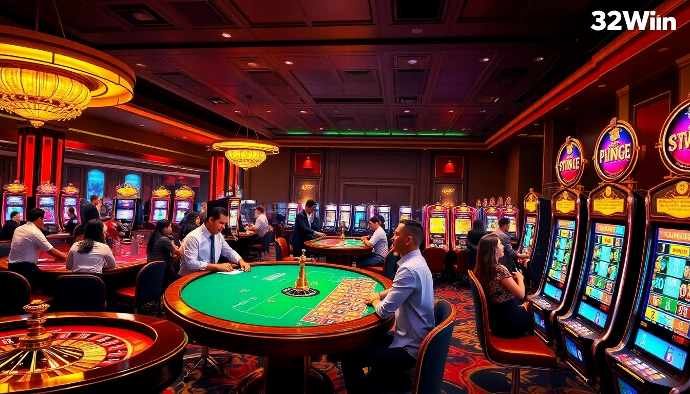 32Win players enjoying a thrilling gaming experience at a luxurious casino environment.