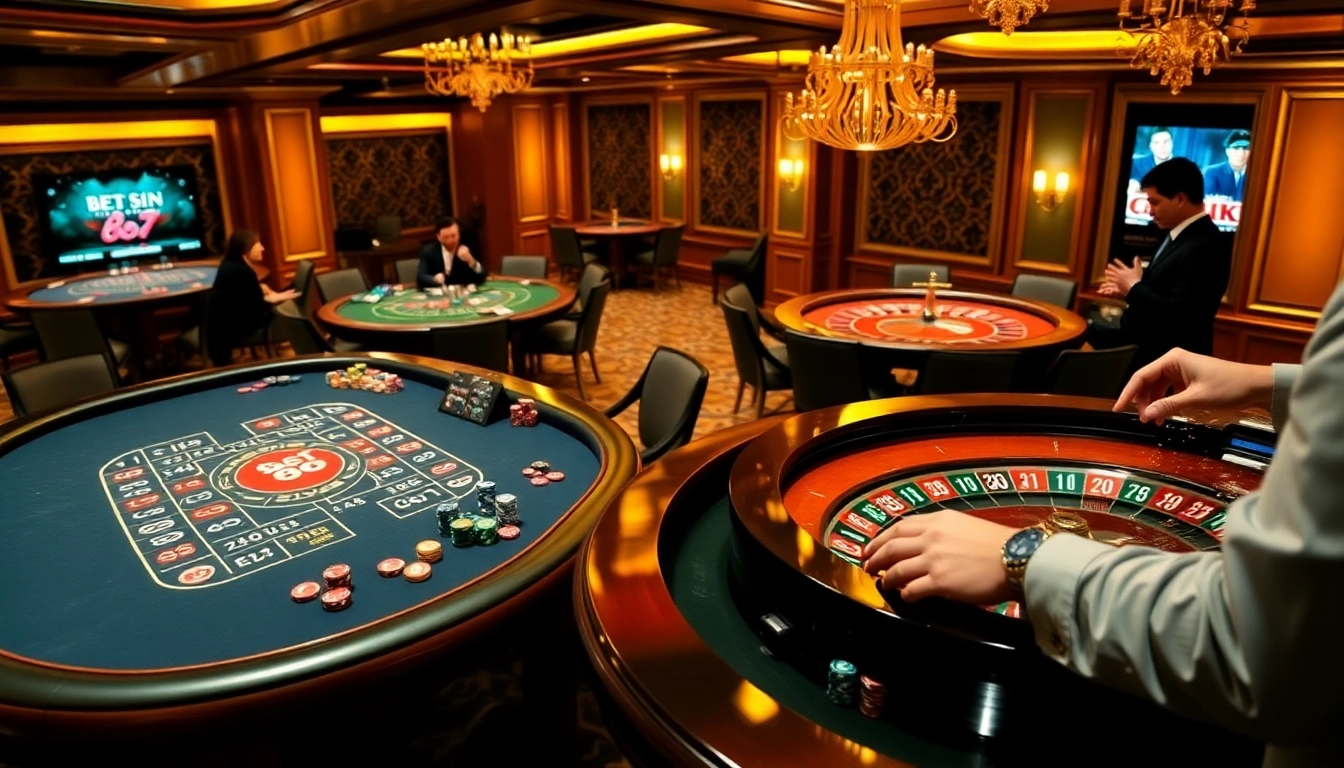 Bet 88 casino scene with vibrant blackjack table and excited players betting for big wins.