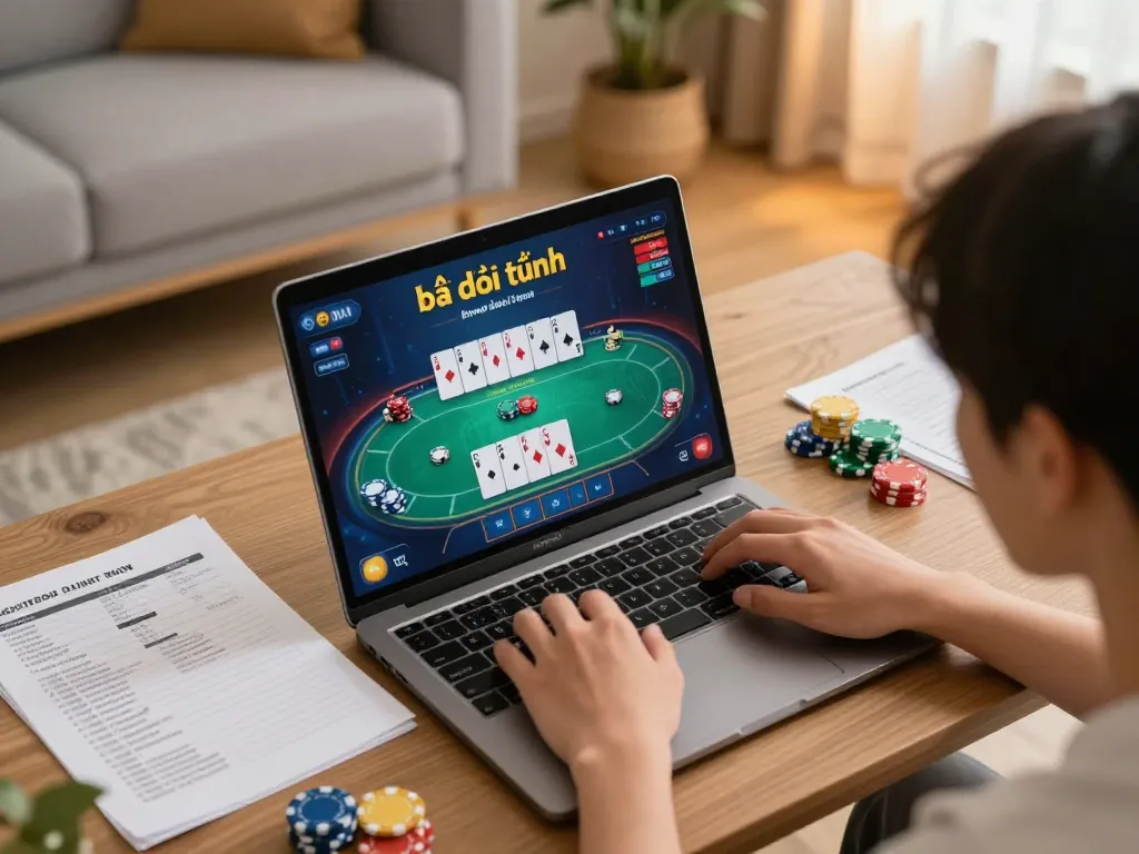 Engaging in game bài đổi thưởng, a player strategizes while enjoying an online poker game from home.