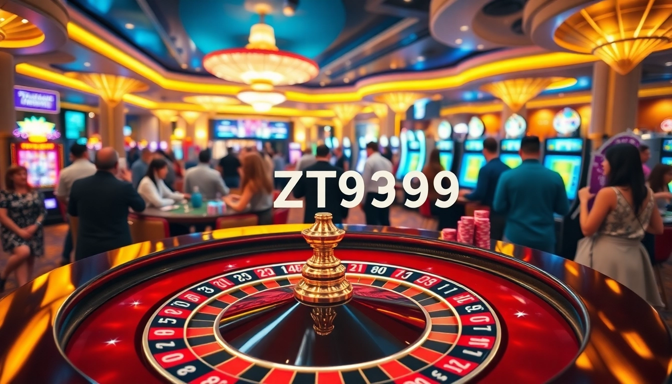 Exciting casino scene showcasing roulette and slot machines with ZT9398 branding and vibrant interactions.