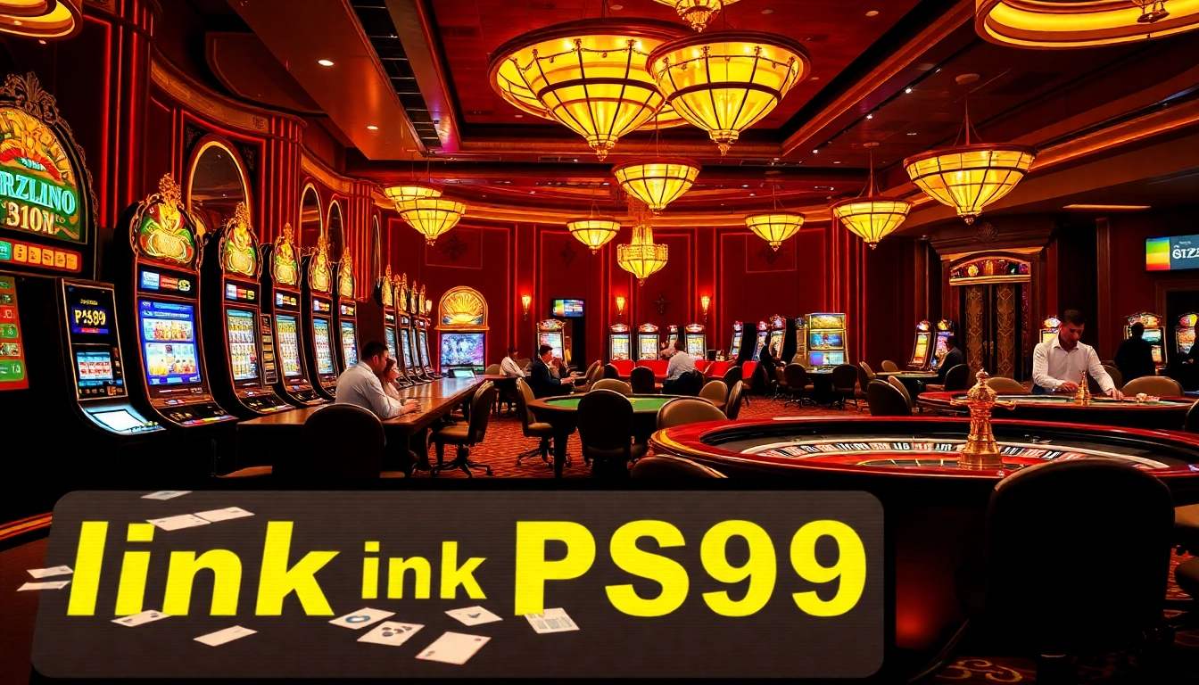 Engaging gambling scene highlighting link PS99 with poker tables and vibrant slot machines.