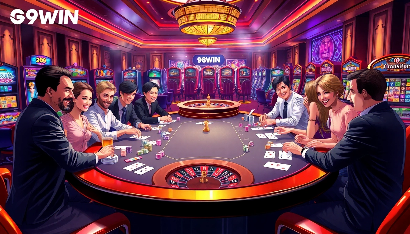 Players enjoying a high-stakes game at a casino table promoting 98WIN with colorful poker chips and roulette.
