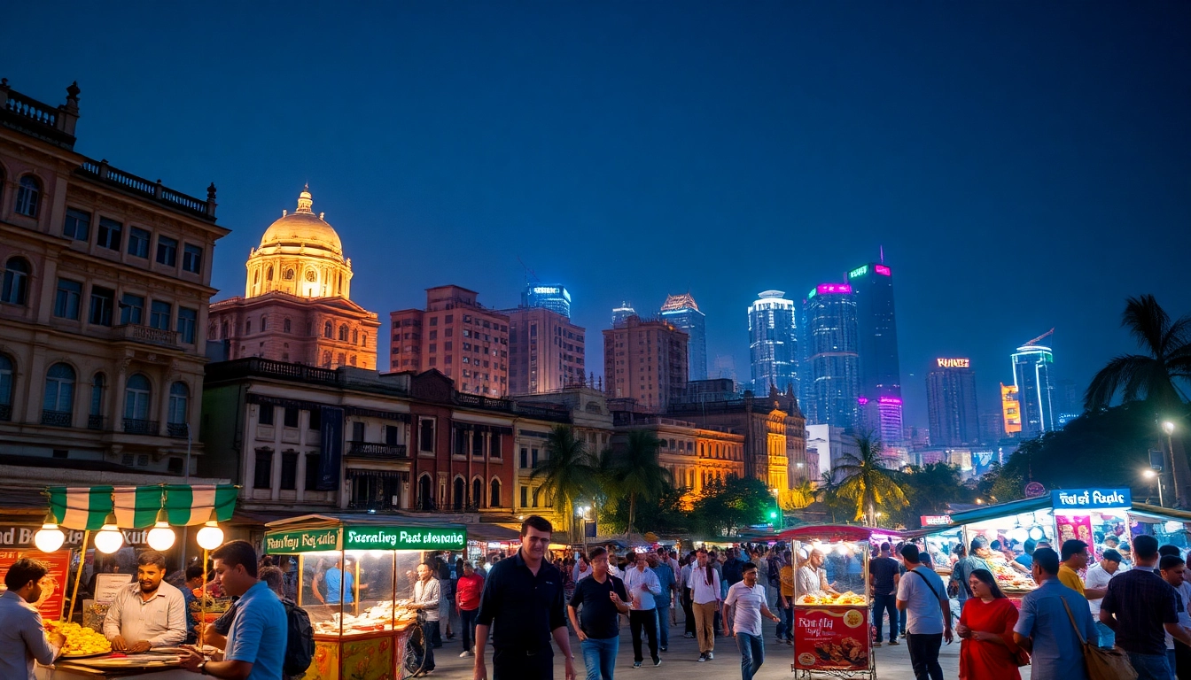 Capturing Karachi's vibrant nightlife with illuminated skyline and locals enjoying outdoor activities.