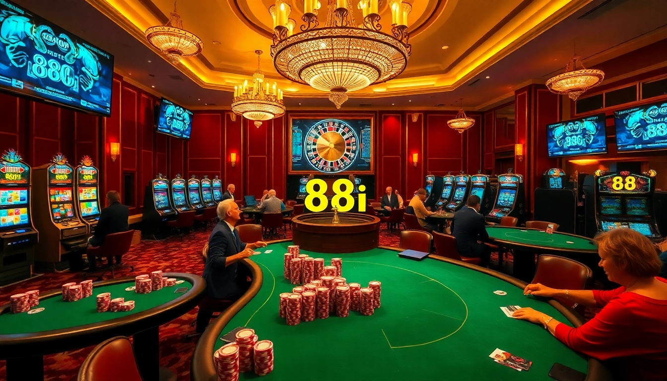Excited players at a poker table in a luxurious casino featuring 88i digital interfaces.
