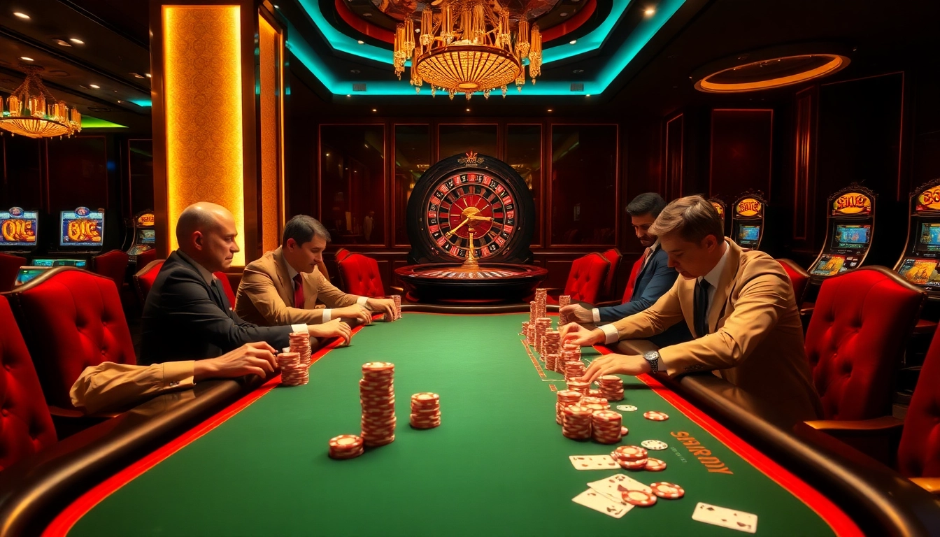 Players strategizing at a luxurious B52-themed poker table in an upscale casino.