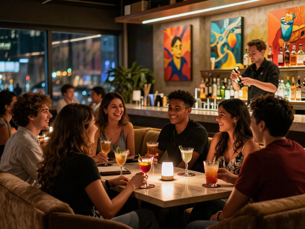Friends enjoying cocktails in an nsfw urban bar lounge with ambient lighting