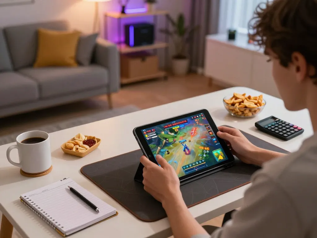 Engaging in nổ hũ gameplay through a tablet in a cozy home gaming setup.
