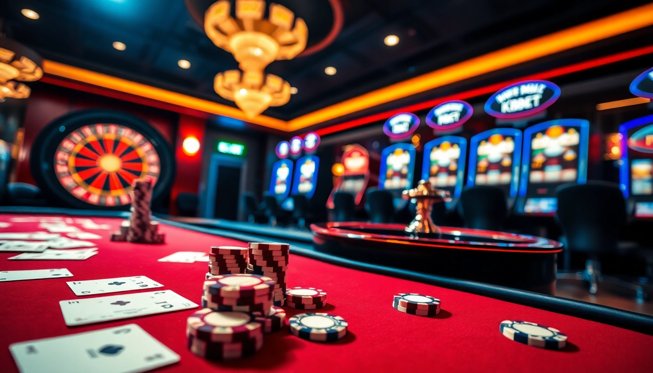 KBBET casino table with vibrant poker chips and excited players in a luxurious atmosphere.