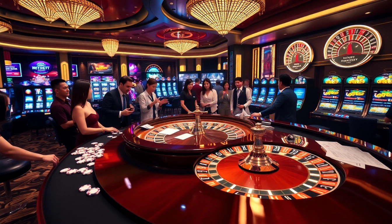 Players enjoying a thrilling game at HBBET's luxurious casino tables featuring roulette and slot machines.