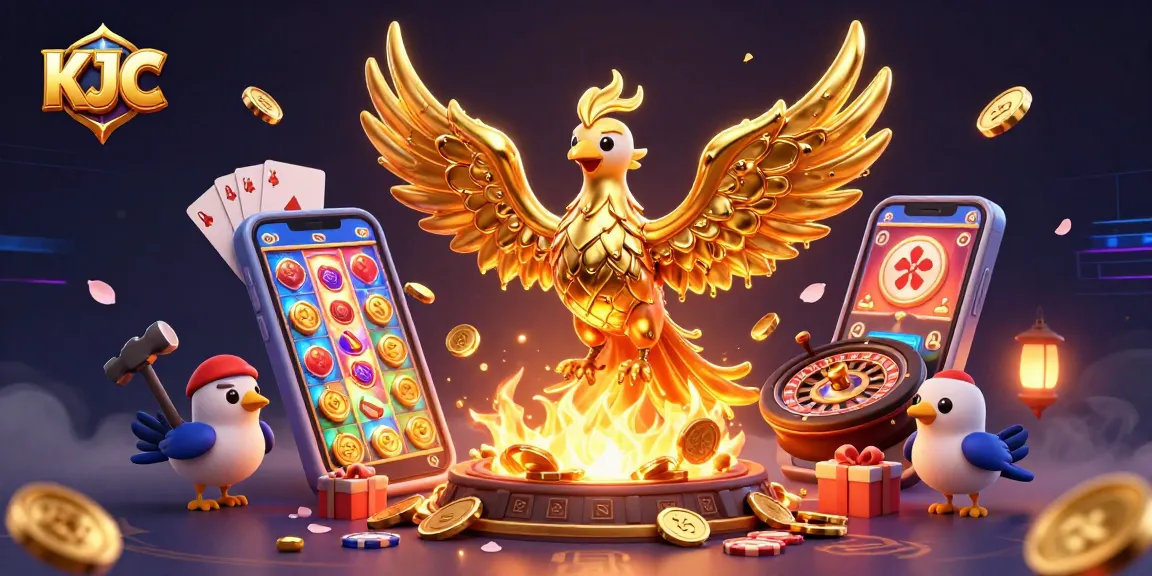 Experience thrilling casino games with KJC's vibrant golden phoenix and dynamic gaming elements.