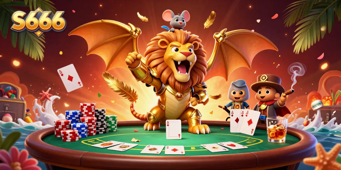 S666 captivates players with a roaring chimera, poker table, and colorful chips in a vibrant casino illustration.