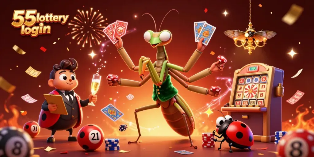 Engage with 55 lottery login through a vibrant scene showcasing lottery excitement and characters.