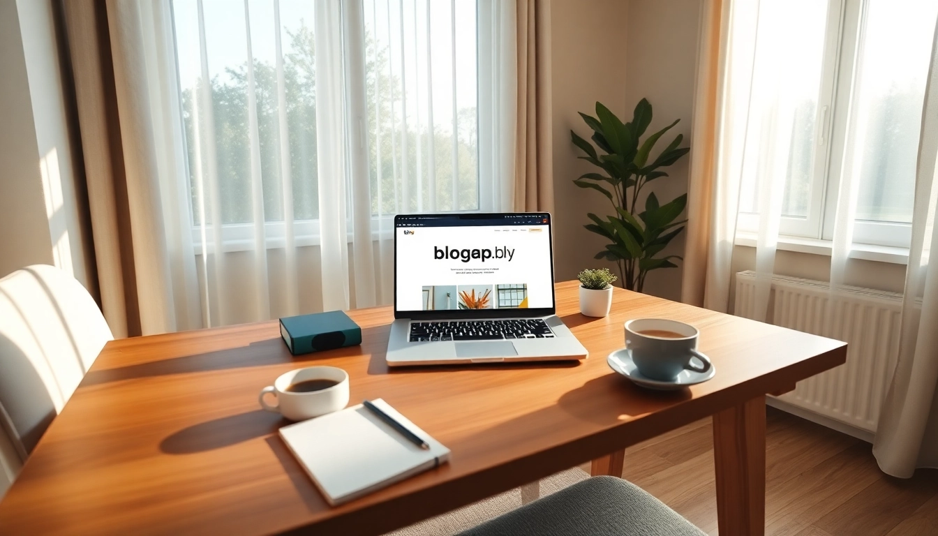 Creative workspace showcasing blogapp.blog on a laptop with inviting decor.