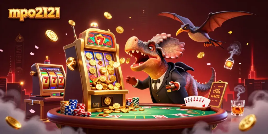 Slot gacor di mpo2121 menampilkan dino pemukul mesin slot emas mengeluarkan koin jackpot.