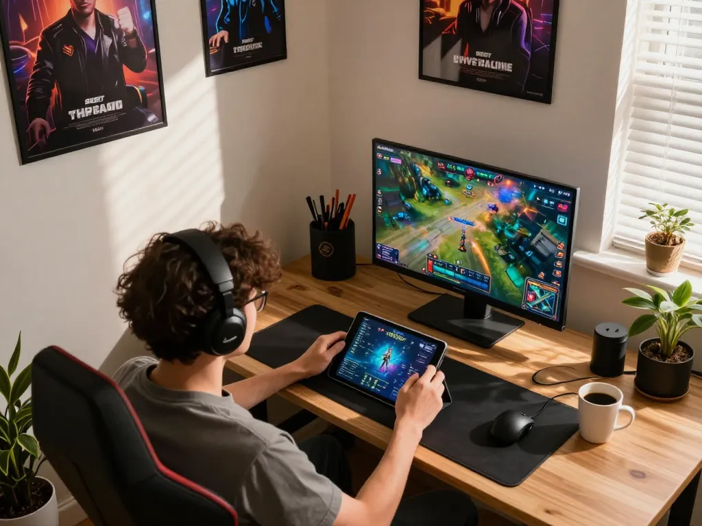 Engaging in online gameplay on 8XBET tablet in a cozy home setting, showcasing immersive gambling experience