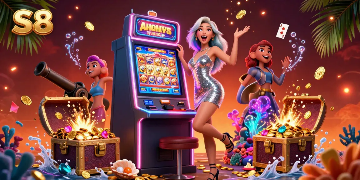 S8 players celebrate a jackpot hit at the casino amidst vibrant visuals and treasures.
