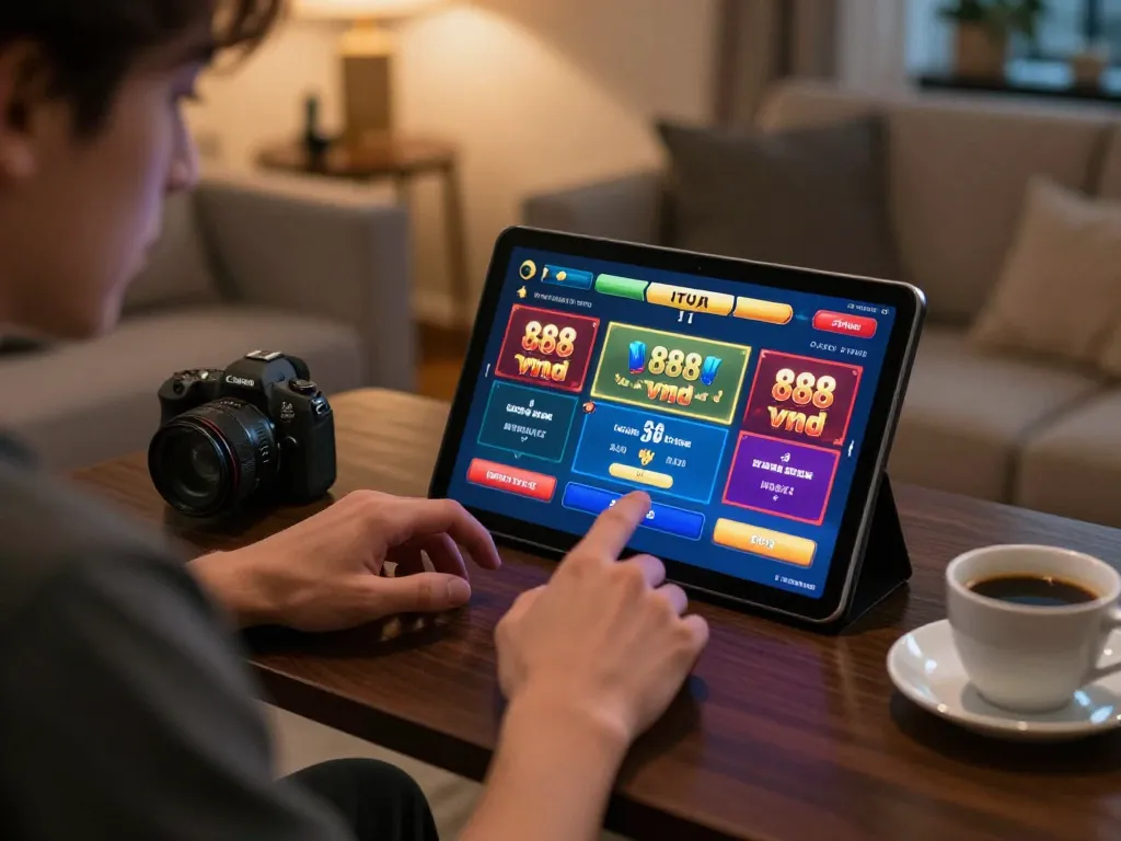 Engaging scene of a player using 888vnd on a tablet, highlighting an exciting online gambling experience.