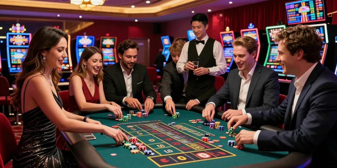 Exciting gambling scene showcasing rokok88 at a casino roulette table with enthusiastic players.