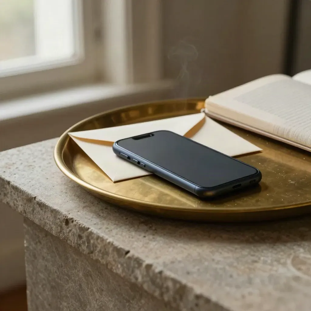 Brass inbox tray, face-down phone, sealed envelope and closed notebook on a stone console.