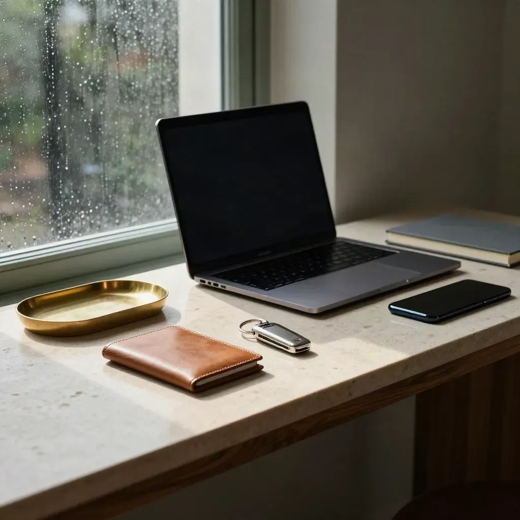 Polished entryway console with laptop, mail tray, passport wallet, keys and phone in rain-lit morning.